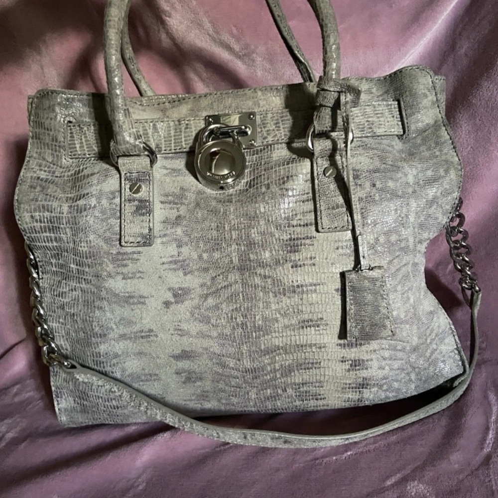 Michael Kors Hamilton Women's Reptile Print Gray Soft Embossed Leather Handbag